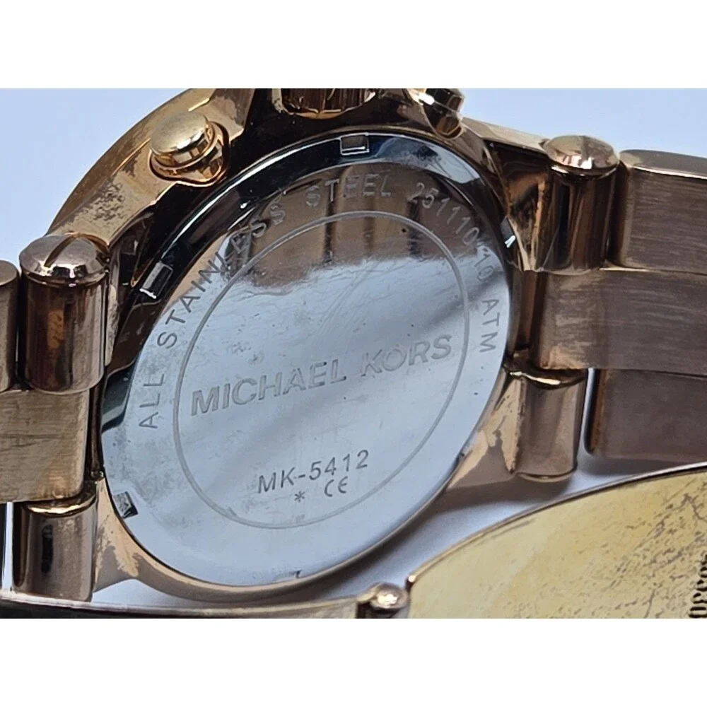 Michael Kors Dylan Womens Rose Gold Baguette Bezel Chronograph Watch New Battery